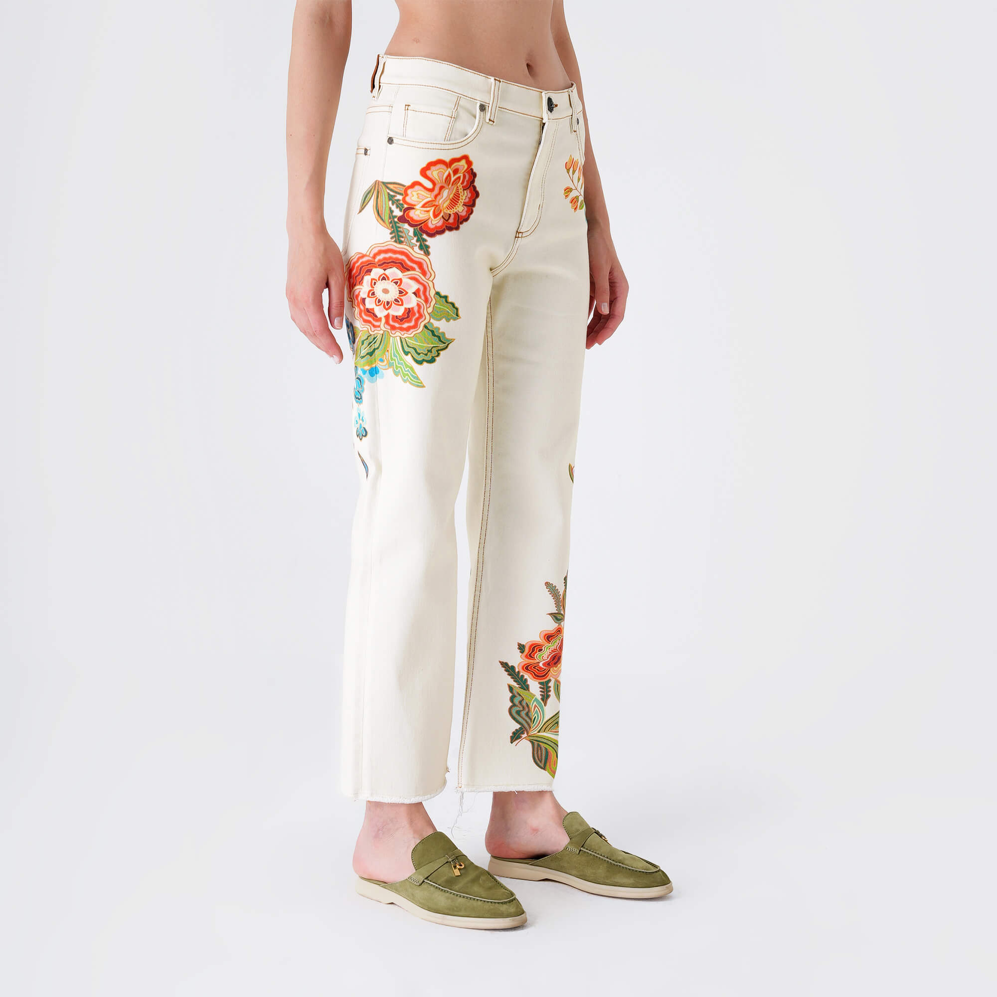 Etro - Cream Denim&Orange Floral Embossed Flare Jean Pants